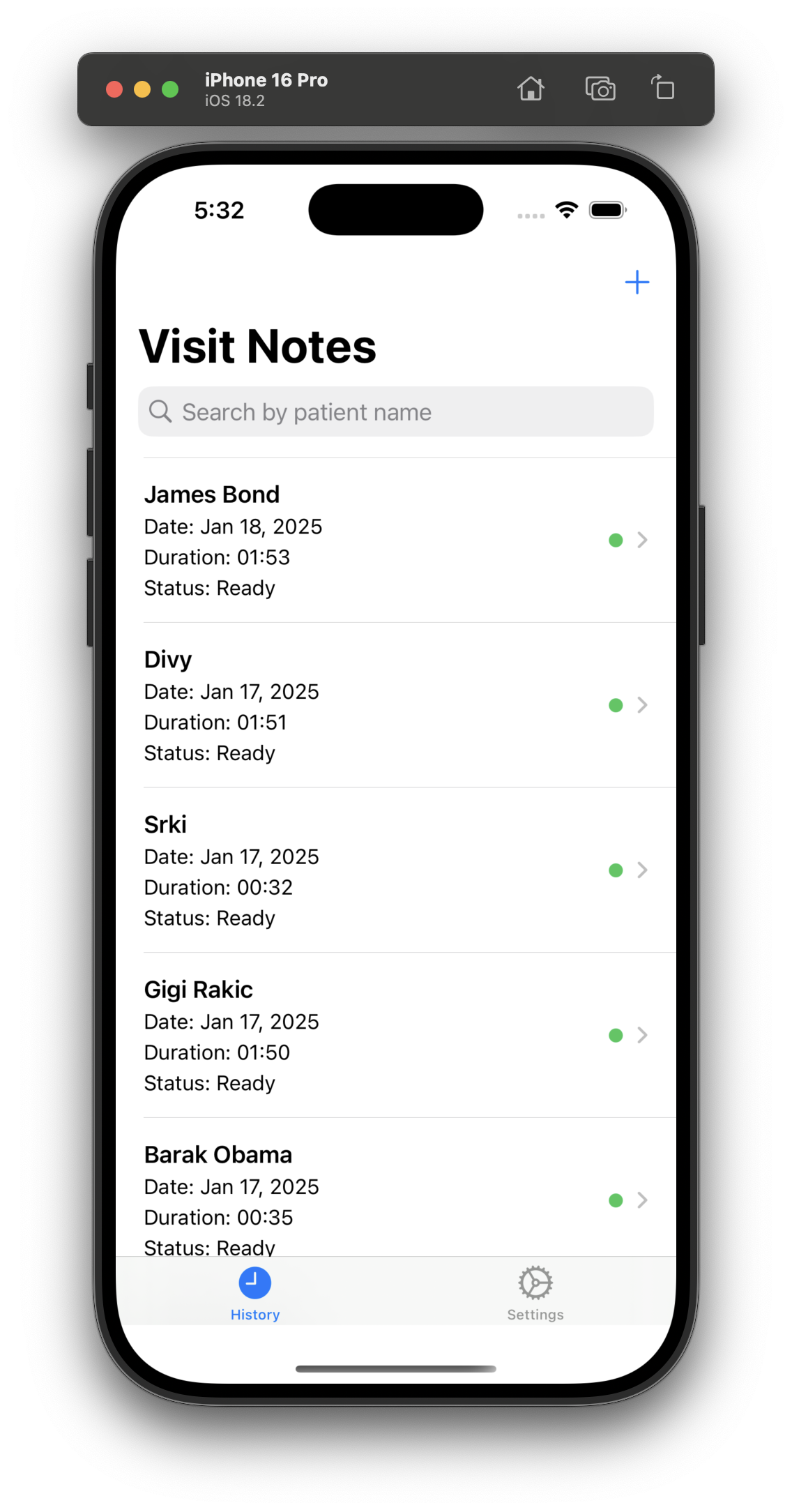 Medicus Notes visit history screen showing list of patient recordings