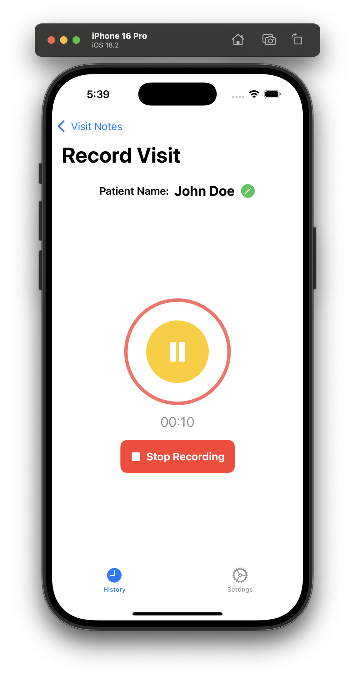 Medicus Notes recording interface with start/stop controls