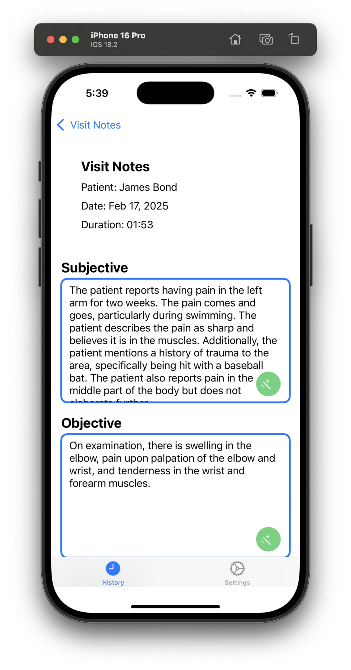 Generated SOAP notes display in Medicus Notes app